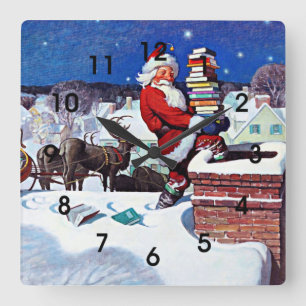 Horloge Carrée Père Noël livre une cargaison de livres