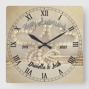 Horloge Carrée Perle personnalisée 30e anniversaire de Mariage