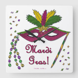 Horloge Carrée Perles de plumes Mardi Gras