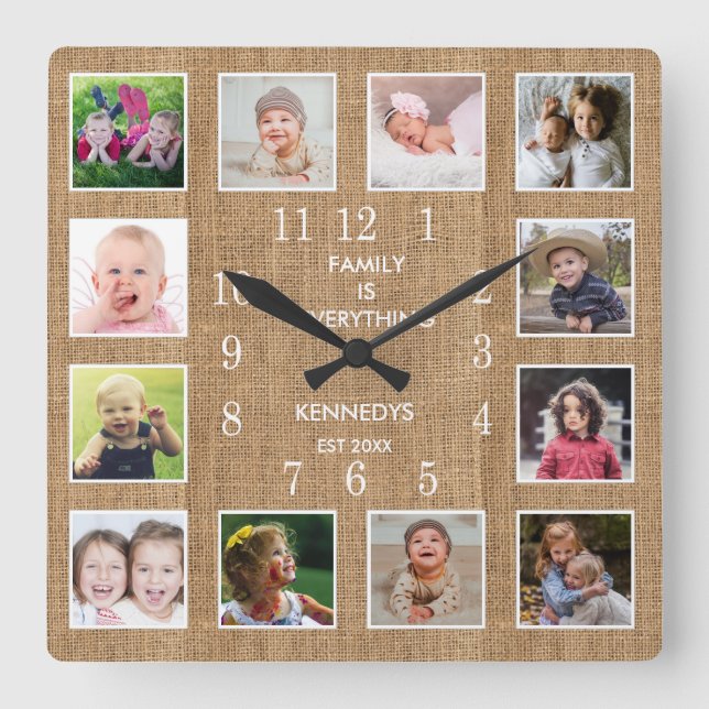 Horloge Carrée Personalized 12 Photo Collage Frame Rustic Burlap (Recto)
