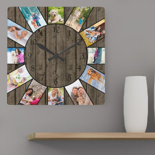 Horloge Carrée Personalized 12 Photo Collage Rustic Dark Wood