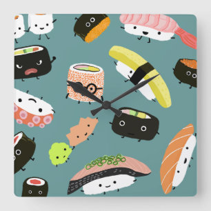 Horloge Carrée Personnages de Sushi Amusants sur Fond Sarcelle (P