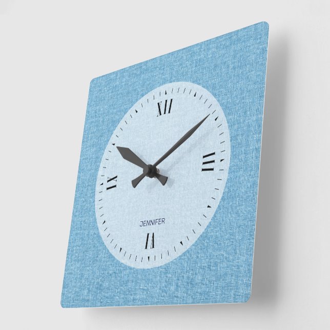 Horloge Carrée personnalisable Bleu clair Faux Lin Imprimer (Angle)