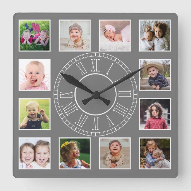 Horloge Carrée Personnalisé 12 Collage de photos de famille Gris  (Recto)