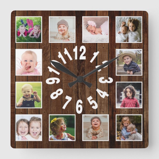 Horloge Carrée Personnalisé 12 Photo Collage Cadre Palette Bois (Recto)