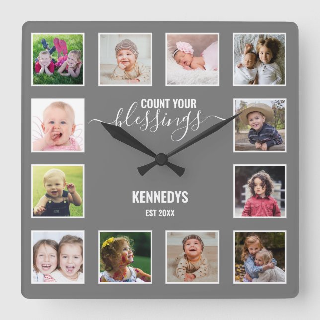 Horloge Carrée Personnalisé 12 Photo Collage Famille Bénédiction  (Recto)