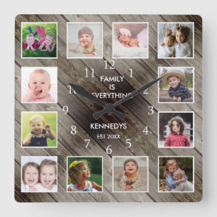 Horloge Carrée Personnalisé 12 Photo Collage Farmhouse Grange Wo