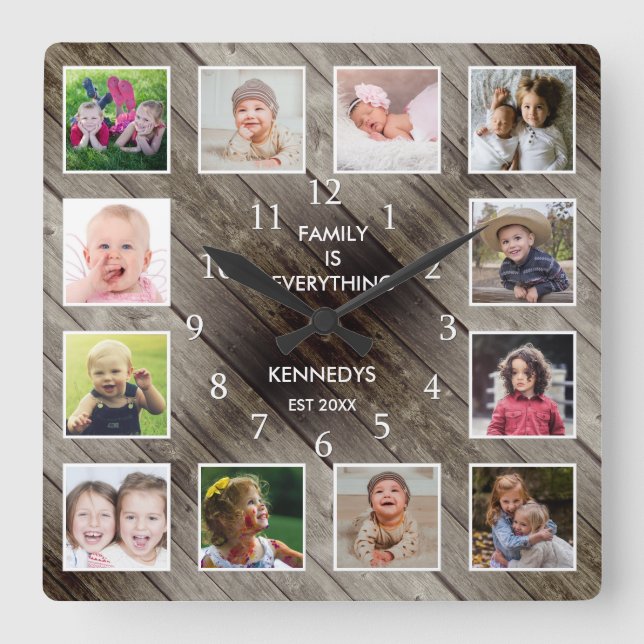 Horloge Carrée Personnalisé 12 Photo Collage Farmhouse Grange Woo (Recto)