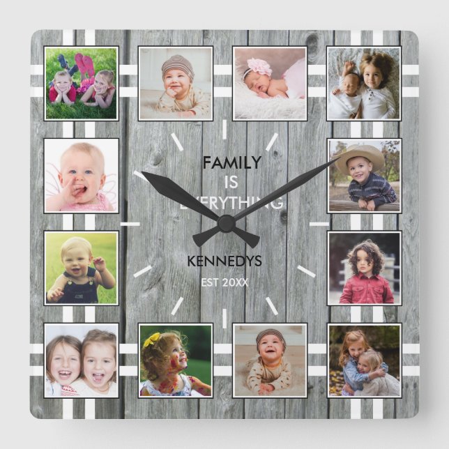 Horloge Carrée Personnalisé 12 Photo Collage Gris Bois Famille Ci (Recto)