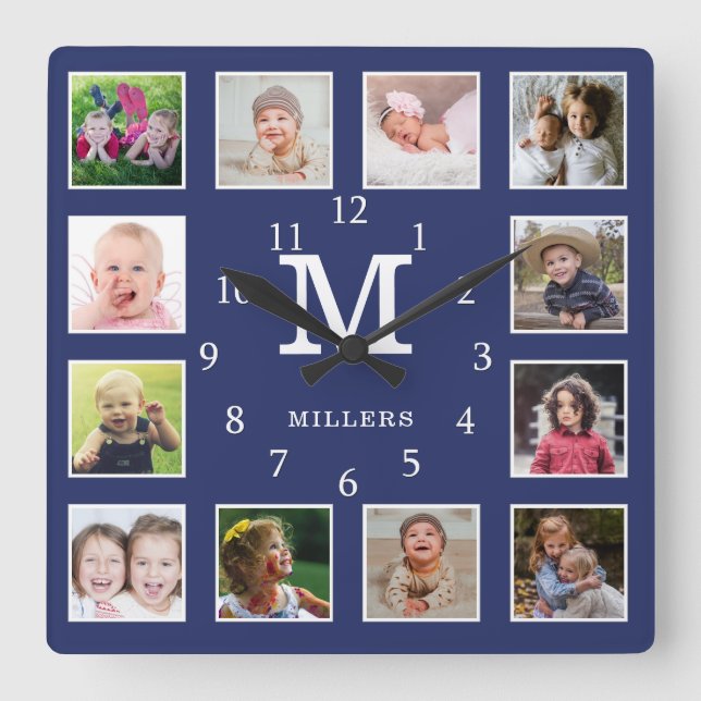 Horloge Carrée Personnalisé 12 Photo Collage Nom de famille Monog (Recto)