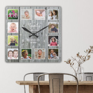 Horloge Carrée Personnalisé 12 Photo Collage Nom de famille Wood