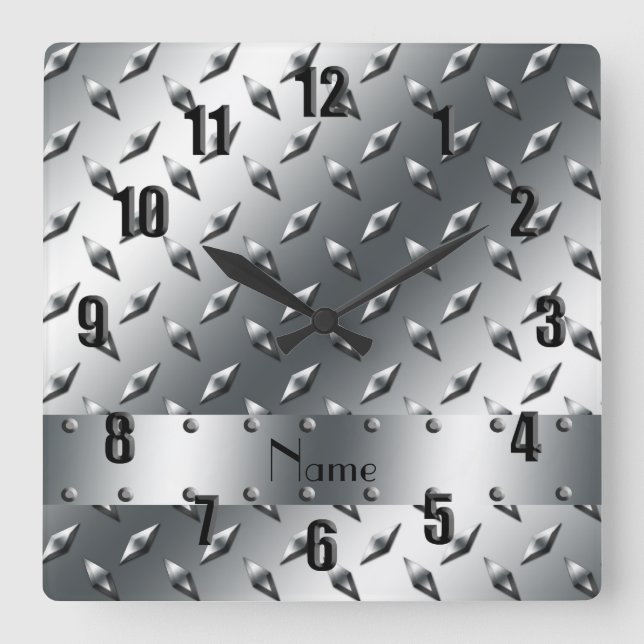 Horloge Carrée Personnalisé avec votre nom plaque diamant acier (Recto)