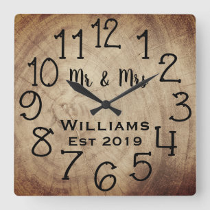 Horloge Carrée Personnalisé Bois Brun Rustique Sur Mesure