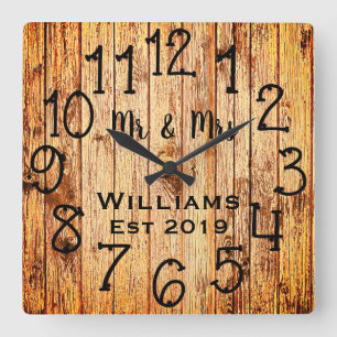 Horloge Carrée Personnalisé Bois Brun Rustique Sur Mesure