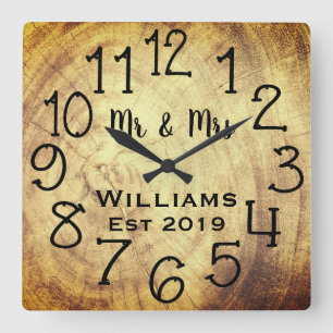 Horloge Carrée Personnalisé Bois Brun Rustique Sur Mesure