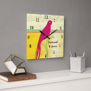 Horloge Carrée Personnalisé mignon oiseau jaune rose et vert