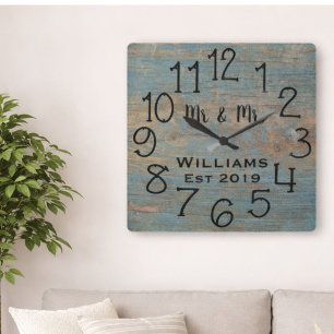Horloge Carrée Personnalisé Rustique Bois Bleu en Distress Person