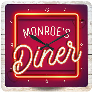 Horloge Carrée Personnaliser VOTRE NOM Red Faux Neon Signer Retro