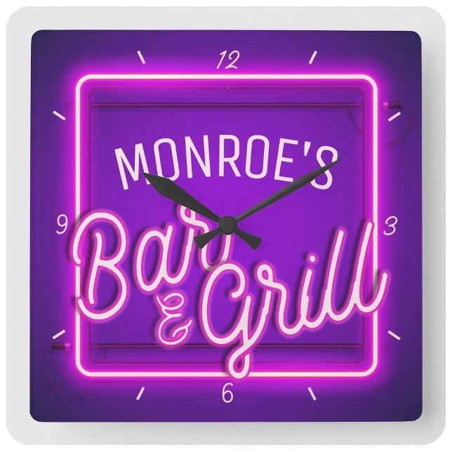 Horloge Carrée Personnalisez VOTRE NOM Faux Neon Sign Retro Bar G (Créateur téléchargé)