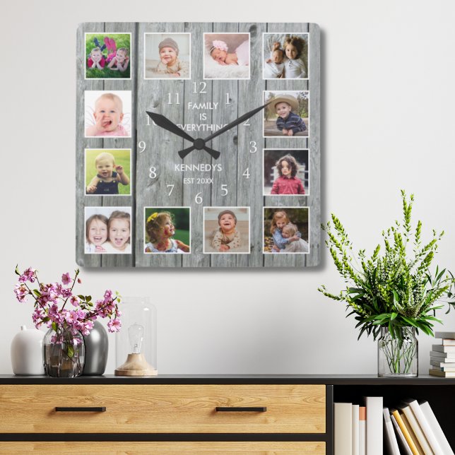 Horloge Carrée Personnalized 12 Photo Collage Rustic Gray Wood (Créateur téléchargé)