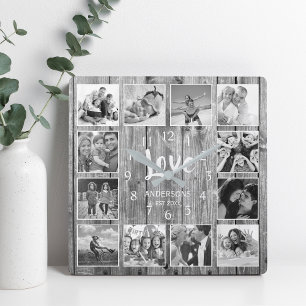 Horloge Carrée Personnalized 12 Photo Collage Rustic Gray Wood