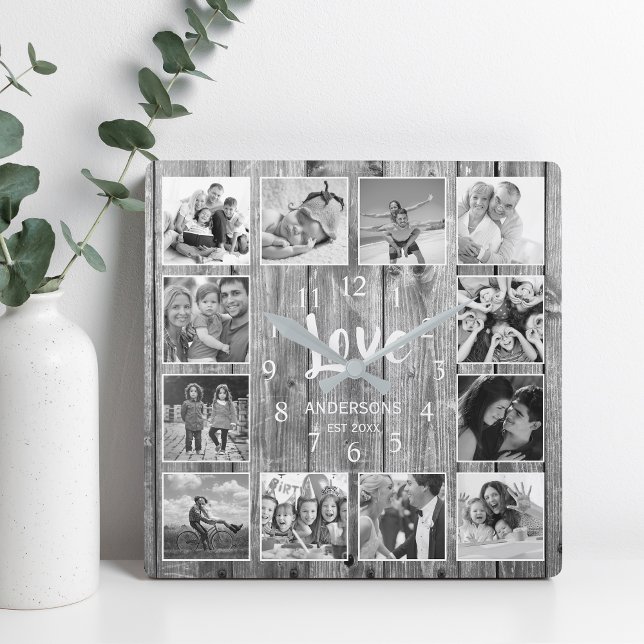Horloge Carrée Personnalized 12 Photo Collage Rustic Gray Wood (Créateur téléchargé)