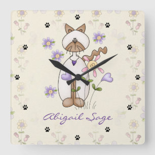 Horloge Carrée Personnalized Cute Cat, Flowers and Paw Prints