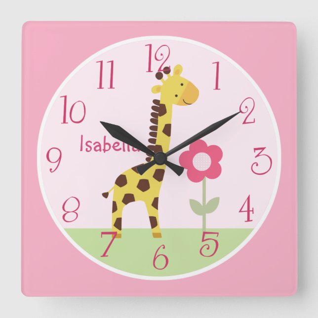 Horloge Carrée Personnalized Cute Giraffe Nursery Clock (Recto)