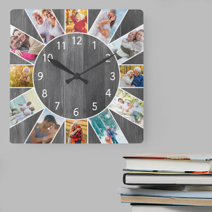 Horloge Carrée Personnalized Family Photo Collage Grey Wood