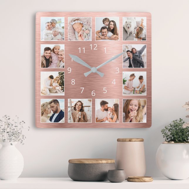 Horloge Carrée Personnalized Family Photo Rose Gold Elegant (Créateur téléchargé)