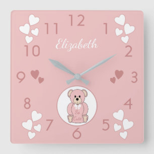 Horloge Carrée Personnalized Pink Teddy Bear baby