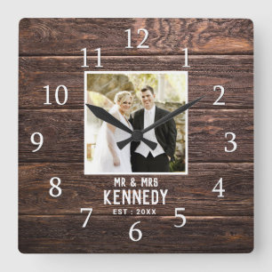 Horloge Carrée Personnalized Wedding Photo Anniversary Brown Wood
