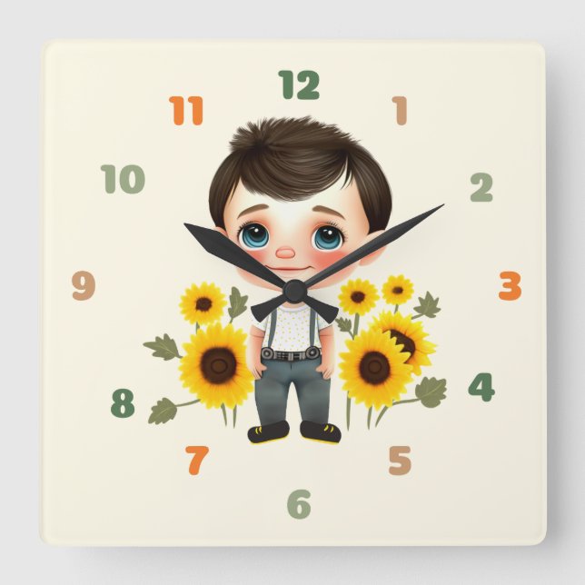 Horloge Carrée Petit garçon avec tournesol (Recto)