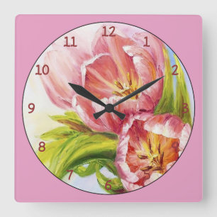 Horloge Carrée Petit paquet de tulipes roses et blanches