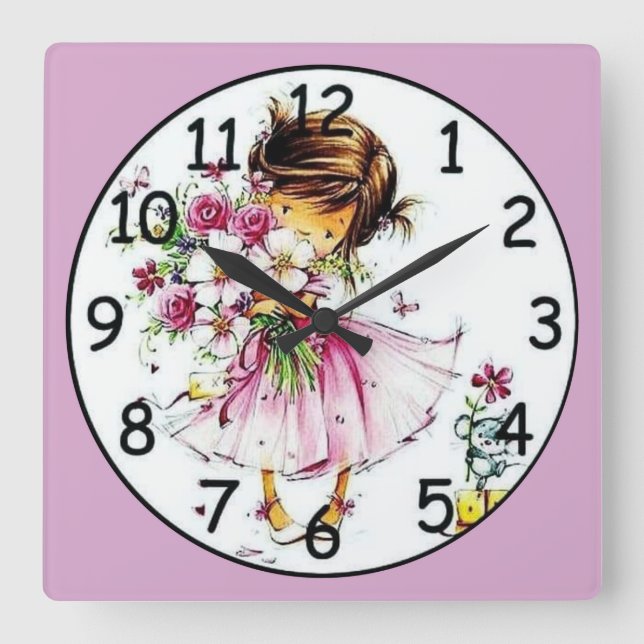 Horloge Carrée Petite fille tenant des fleurs Art fin (Recto)