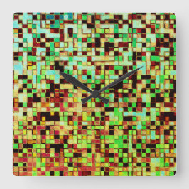 Horloge Carrée Petits carrés ou carreaux verts et bruns flous