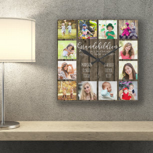 Horloge Carrée Petits-enfants Citation 12 Photo Marron Bois Perso