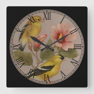 Horloge Carrée Petits Oiseaux Jaunes Beaux Art Roman Numéros