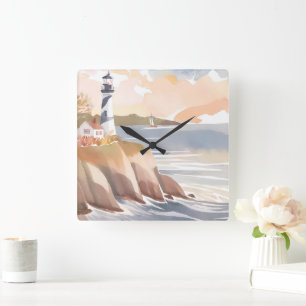 Horloge Carrée Phare sur la Côte   Océan à l'aquarelle