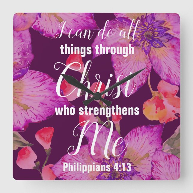 Horloge Carrée Philippiens 4:13 Bible Verse Floral (Recto)
