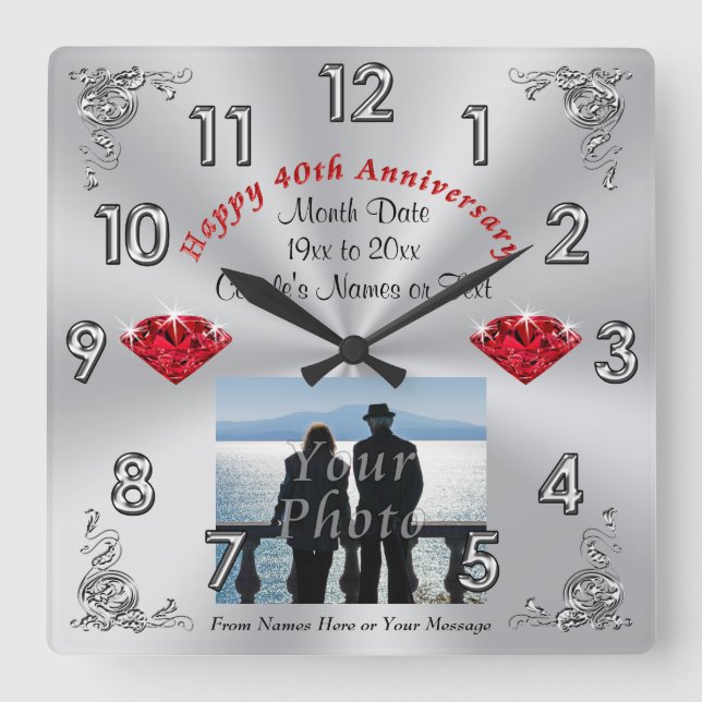 Horloge Carrée Photo 40e anniversaire du Mariage Cadeau tradition (Recto)
