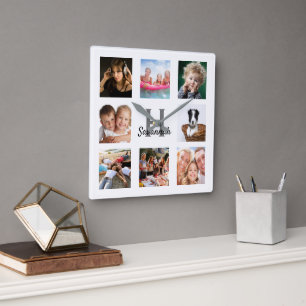 Horloge Carrée Photo collage monogram white family