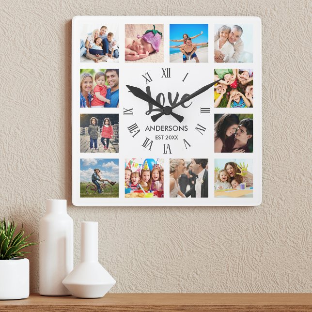 Horloge Carrée Photo Custom Family Collage Personnalité de White (Créateur téléchargé)