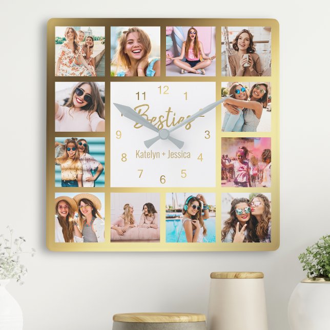 Horloge Carrée Photo de Collage Besties Gold White (Créateur téléchargé)