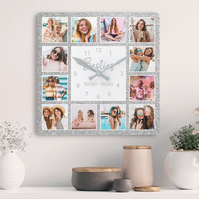 Horloge Carrée Photo de Custom Collage Besties Silver Glitter (Créateur téléchargé)