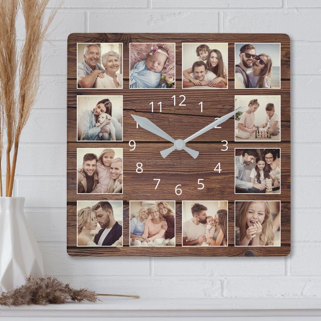 Horloge Carrée Photo de Custom Collage Rustic Farmhouse Family (Créateur téléchargé)
