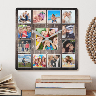 Horloge Carrée Photo de Custom Collage Rustic Farmhouse Family Ba