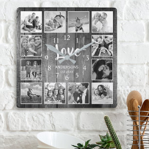 Horloge Carrée Photo de Custom Collage Rustic Farmhouse Love Fami