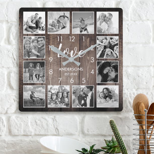 Horloge Carrée Photo de Custom Family Rustic Farmhouse Love Scrip