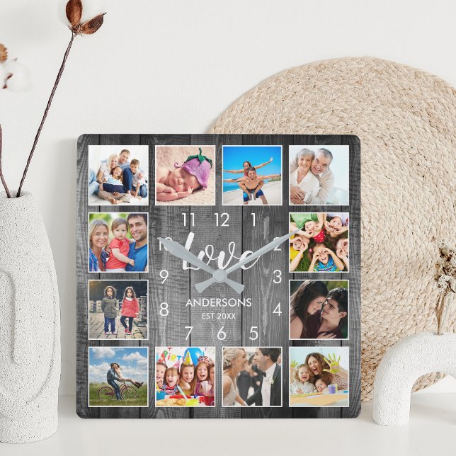 Horloge Carrée Photo de Custom Family Rustic Farmhouse Love Scrip (Créateur téléchargé)